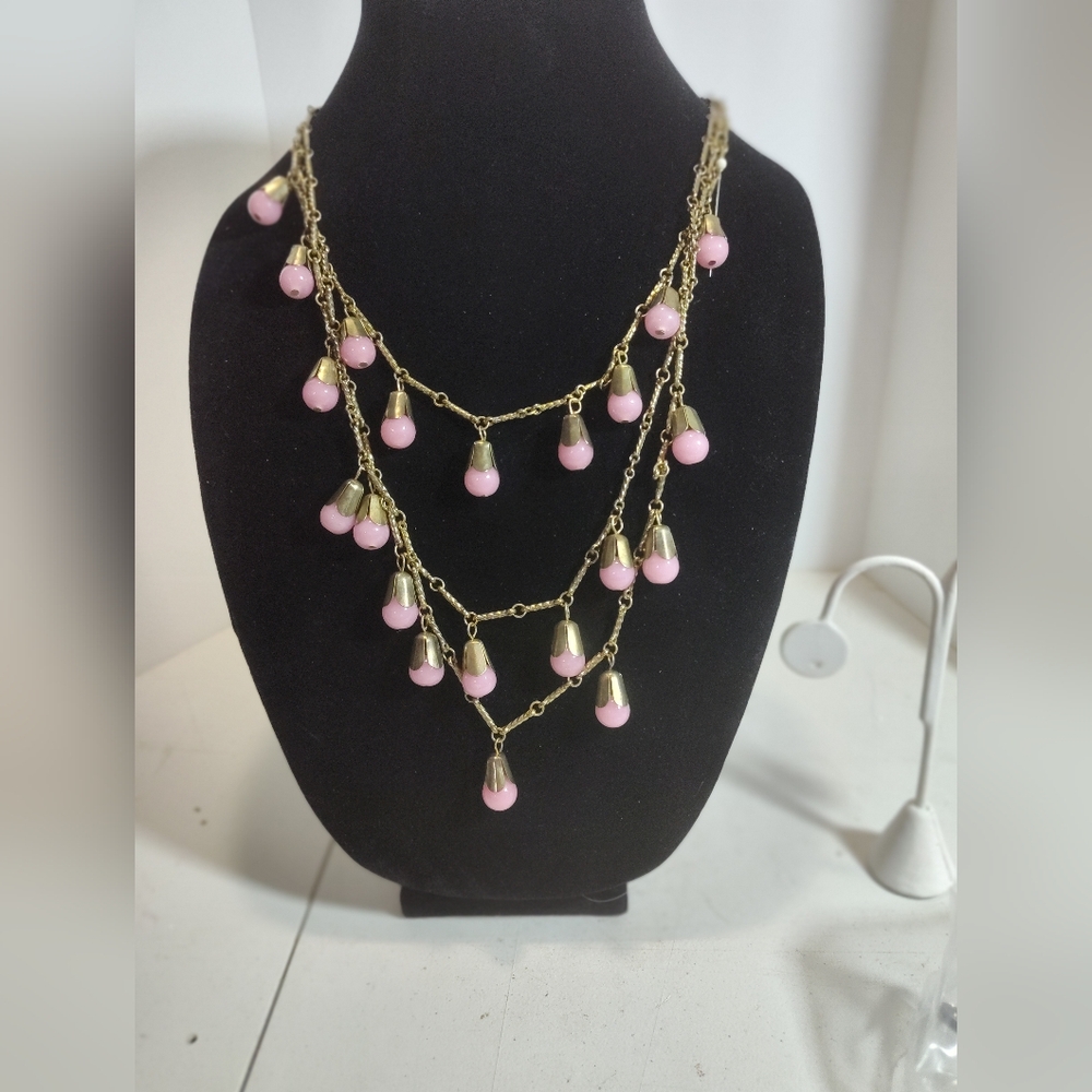 Pink Droplet and Gold Layered Necklace